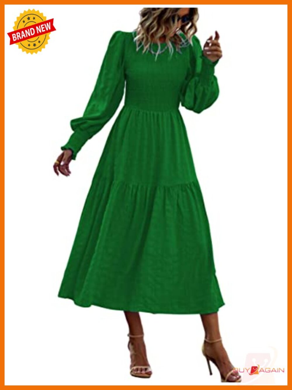 Women's Smocked Maxi Dress Puff Long Sleeve Crewneck A-Line Tiered Flowy